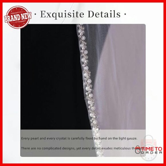 Pearl Crystal Beaded Edge Bridal Veil Fingertip Length Wedding Accessory main image 4